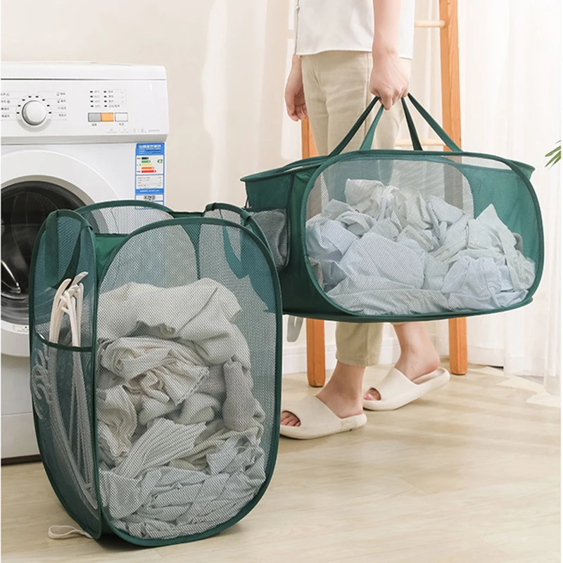 Folding Laundry Basket Clothes Storage Baskets Organizers Pop-Up Clothes  Hampers with Handles Bathroom Mesh Laundry Basket - AliExpress