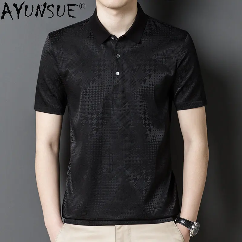 

92% Mulberry Real Silk Polo T Shirt for Men Short Sleeved Men's Clothing T-shirt Summer Wear Casual Satin Polo Shirt Men Camisas