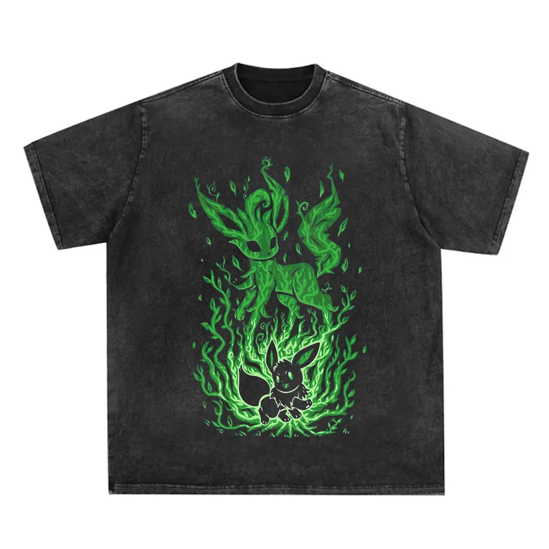 

Men Washed T-Shirt Hip Hop Streetwear Japanese Anime Pokemon Print Oversize Tshirt Summer Short Sleeve Cotton Loose Tops
