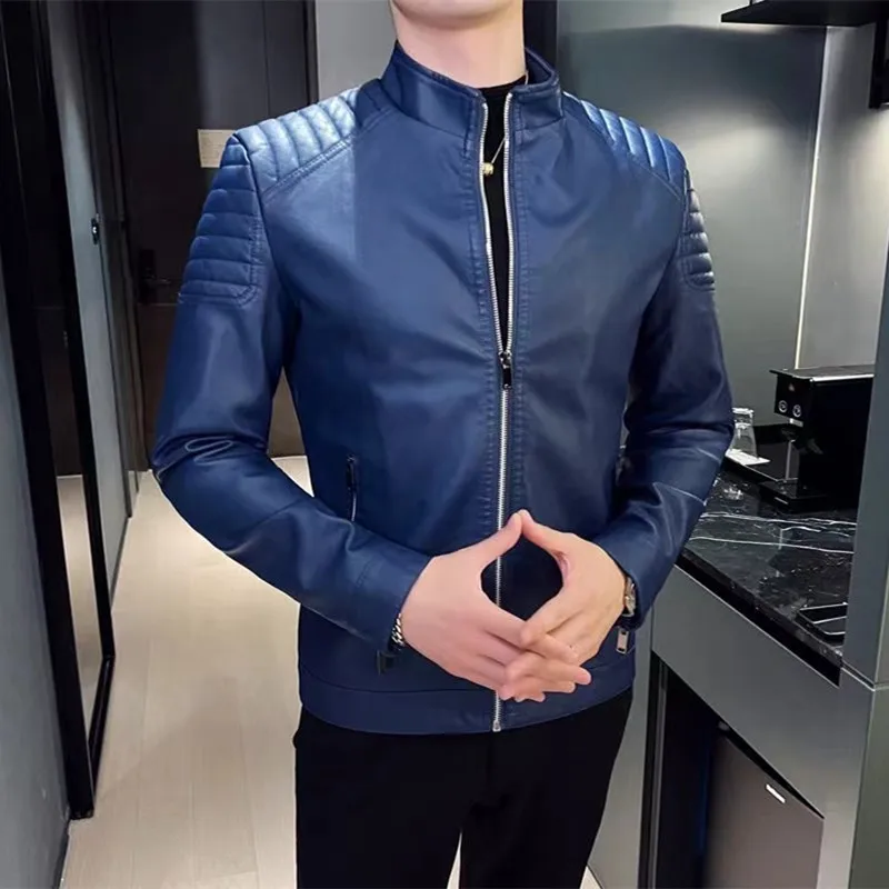 Leather Jackets Men Motorcycle PU Stand Collar Casual Windbreaker