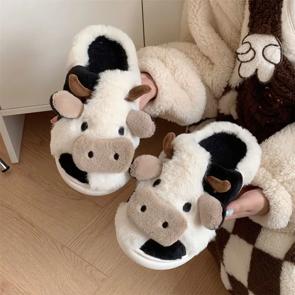 

Feerldi Black white fluffy dairy cow slippers family women men kids slip on animal slides indoor house furry warm cotton shoes