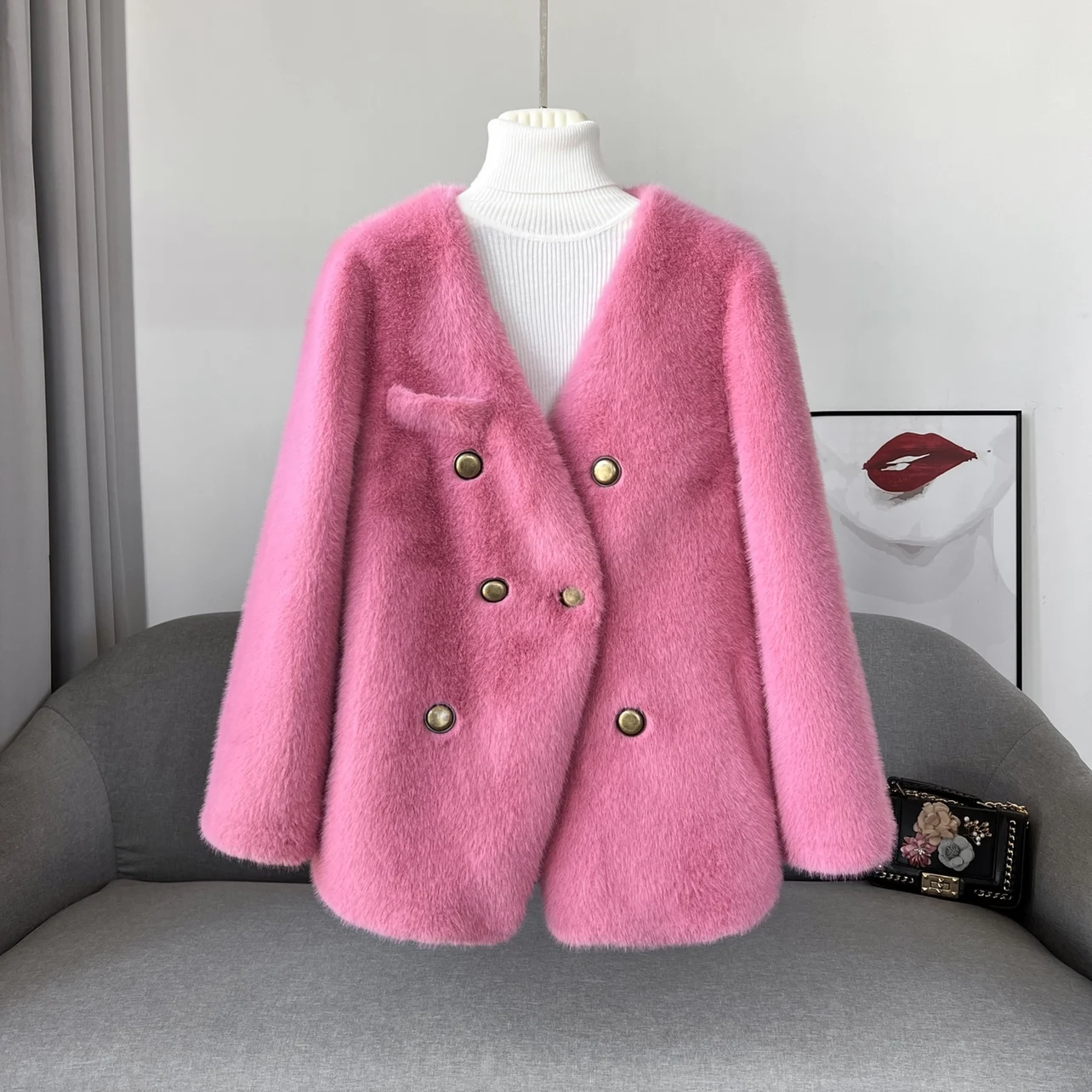 2022 New Elegant Autumn Winter Women Outerwear Fluffy Fur Jacket V-neck Double-breasted Long Sleeve Faux Mink Cashmere Coat