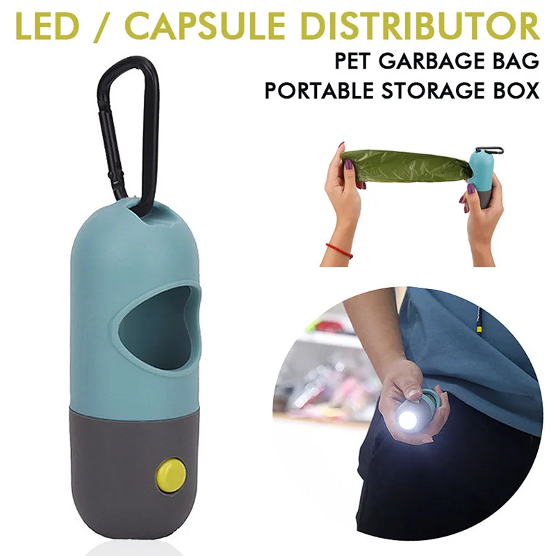 

Portable Dog Poop Pickup Bags Holder Dispenser with LED Flashlight Metal Hook
