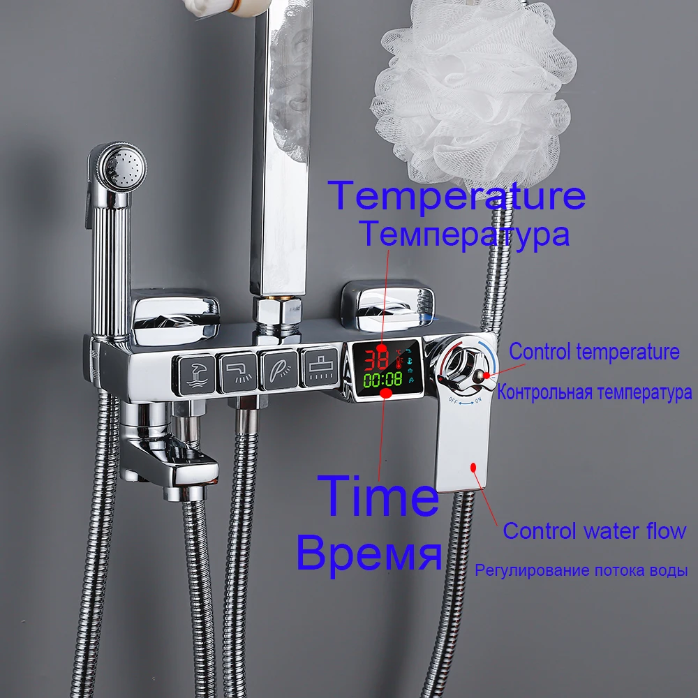 Long Spout Shower Faucet Set Rainfall Display Thermostatic Bathtub Tap Bathroom Shelf Water Flow Produces Electricity