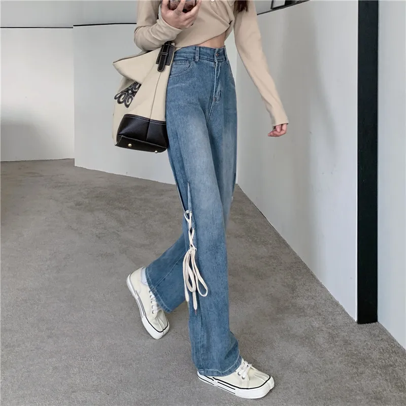 

2022 New Arrival Spring Summer Korean Style Women Casual Cotton Denim Length Jeans Button Fly Waist Loose Straight Pants V296