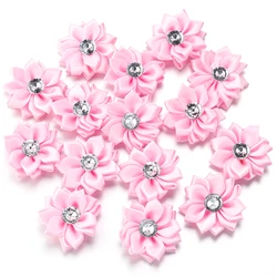Elegant Handmade Satin Ribbon Flowers with Rhinestone Accents - Set of 20 Decorative Pieces for Clothing and Crafting (Pink)