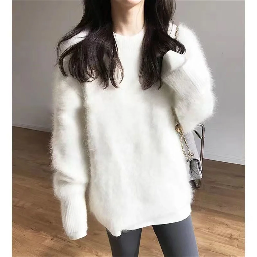 Women 2025 Autumn Winter Thick New Mink Velvet Knitted Tops Female Round Neck Loose Pullover Ladies Solid Color Sweaters Tops 5