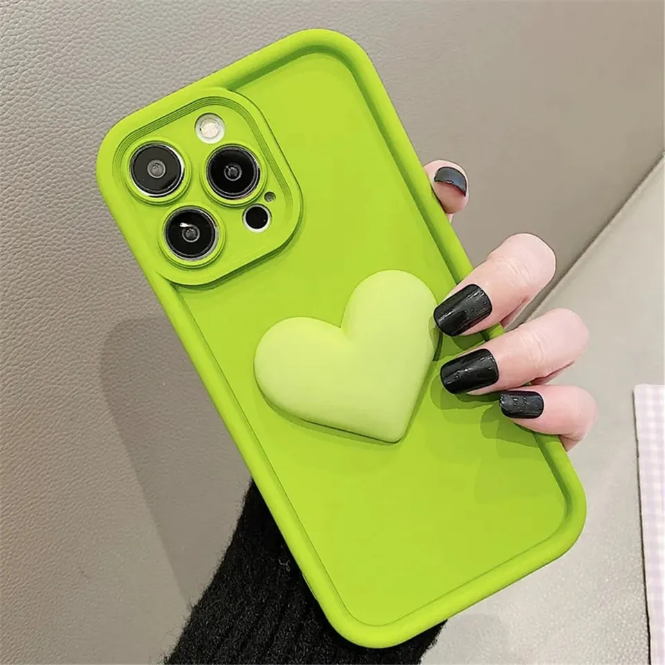 Einfarbige, einfache, süße 3D-Liebesherzhülle für iPhone 11 12 13 14 15 Pro Max 15Plus Kameraschutz, weiche Silikonrückseite_voghion.com