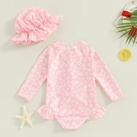 Toddler Girls Rash Guard Swimsuit 2pcs Bathing Suit + Sun Hat Set Infant Long Sleeve Floral Print Ruffles Swimwear with Swim Cap 3