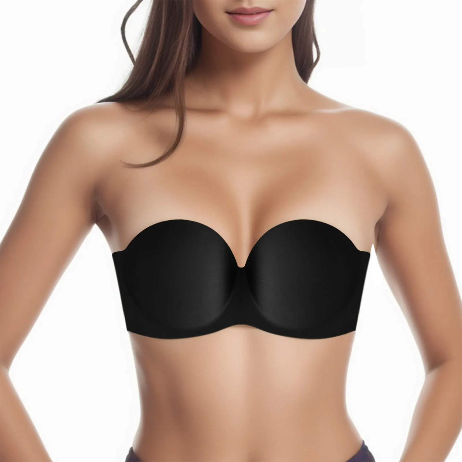 

One-piece Strapless Full Support Non-Slip Back Closure Seamless Underwear Solid Color Black Small Breasts Gathered Push Up Bras