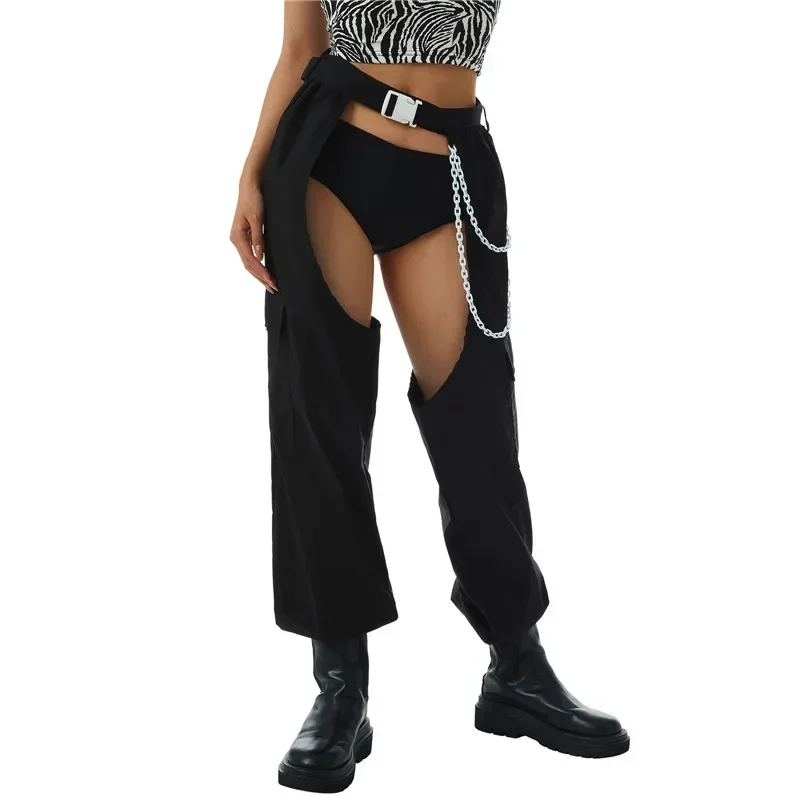Women Open Crotch Long Pants Solid Black High Waist Crotchless Trousers With Chain Belt Lady Sexy Night Club Crotch Pants MYQH05