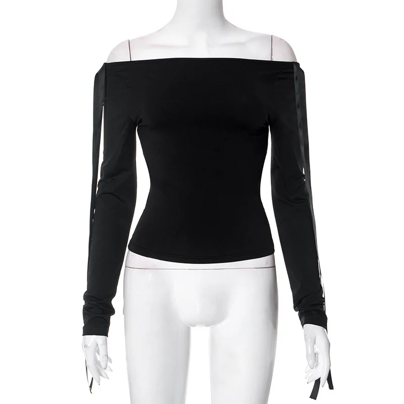 Top sexy de color liso con un solo hombro Y2k, manga larga, lazo con cordones, ropa de mujer, moda informal, ropa de calle, camisas para mujer