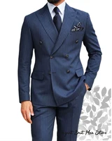 Navy Blue Men's striped business suit 2-piece set Suit Jacket Suit Pants Double breasted slim fit Man suit Groom's wedding suit