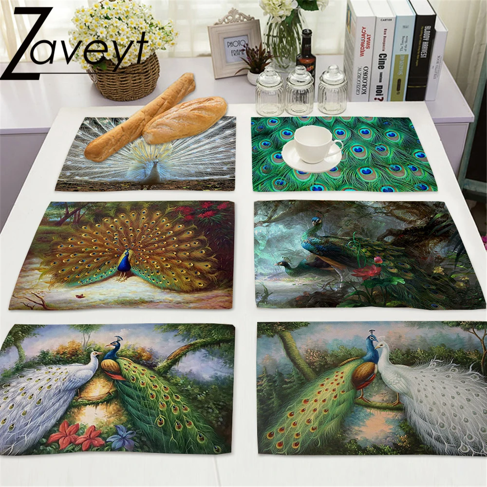

Valentine's Day Decor Vintage Europe Couple Peacock Print Linen PlacematPeacock Feather Dining Mat Animal Pads Tray Mat Washable
