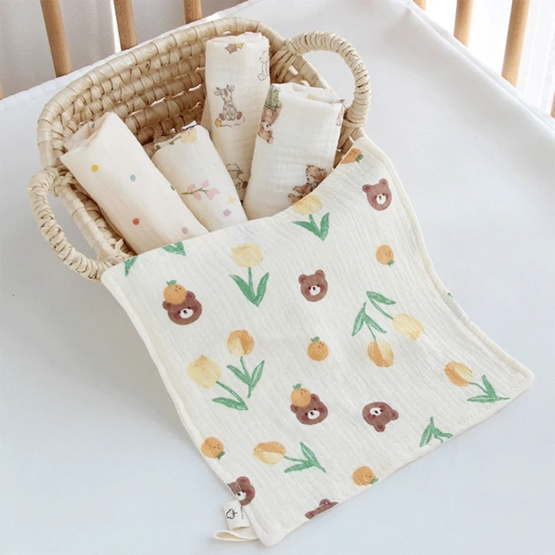 Printed Baby Washcloth Muslin Square Hand Towel Newborn Face Towel Reusable 4-Layers Toddlers Wash Cloths Nursing Bib