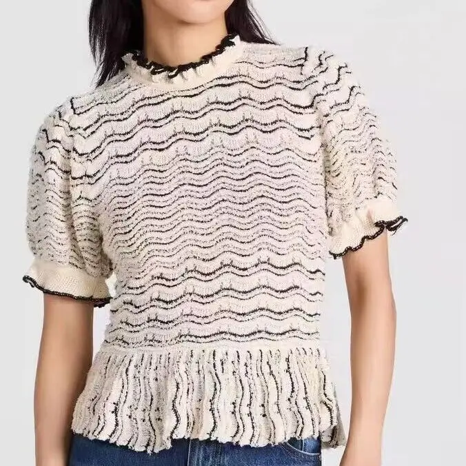 

Women O Neck Short Sleeve Wave Striped Ruffles Waist Knitted Top T-shirt