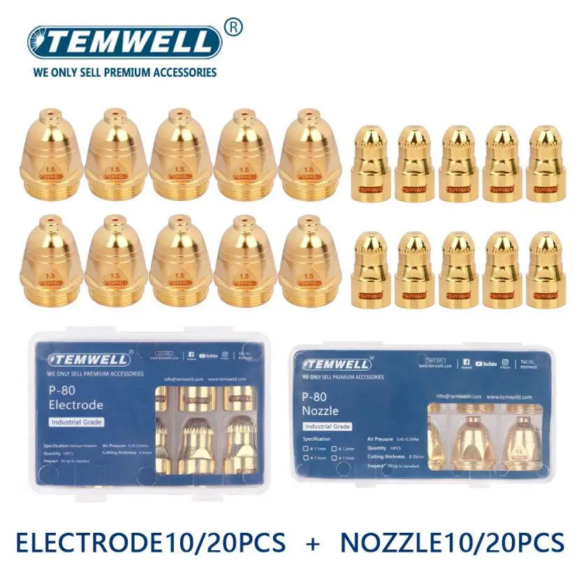 Boquillas Y Electrodos P80 Para Cortadora Plasma - 80 Unidades (40+40), Diámetro 1.1mm