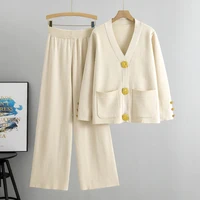 Elegant V-neck  Long Sleeve Sweater Cardigan +wide Leg Pants 2 Piece Sets Womens Spring Solid Color Casual Sweatshirts - Image 3