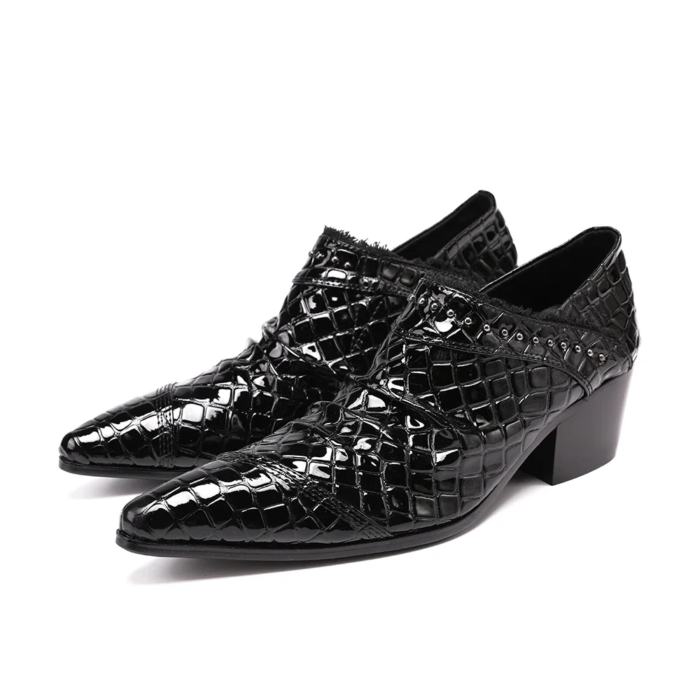 Classic Black Lacquer Leather Men Mid Heel Oxfords Shoes Party Prom Business Formal Shoes Plus Size Slip on Wedding Dress