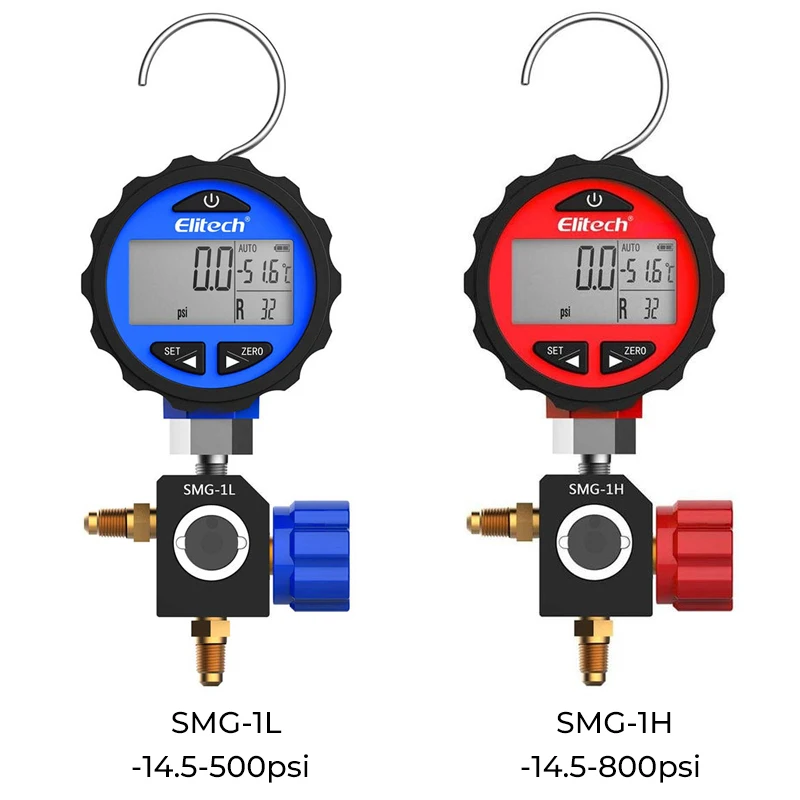 

Elitech SMG-1L/SMG-1H -14.5-500 PSI/800 PSI Single Digital Manifold Gauge Freon Pressure Gauge for 87+ Refrigerants