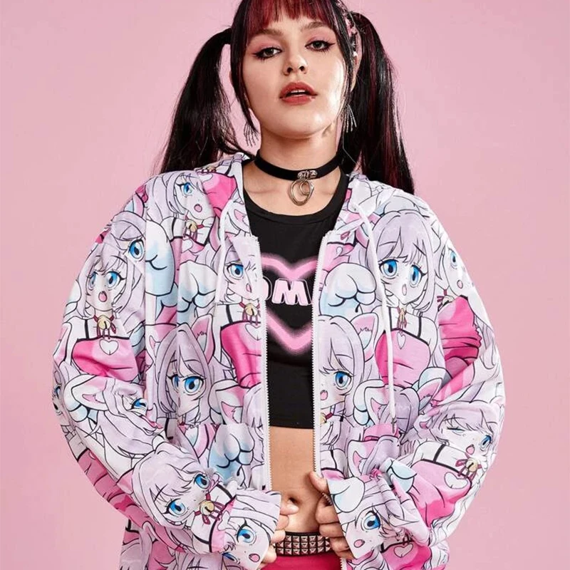 y2k zip up hoodie Anime Hoodie Women Sweatshirts Harajuku Oversized Sweatshirt Pullover Streetwear Hip Hop Clothing Stitch Top