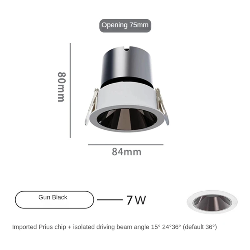 Refletor LED Anti-Refletor, Luz embutida regulável, Alumínio 7W, Sala de jantar, Loja, Escritório, Iluminação do quarto, 1 conjunto, 3500K