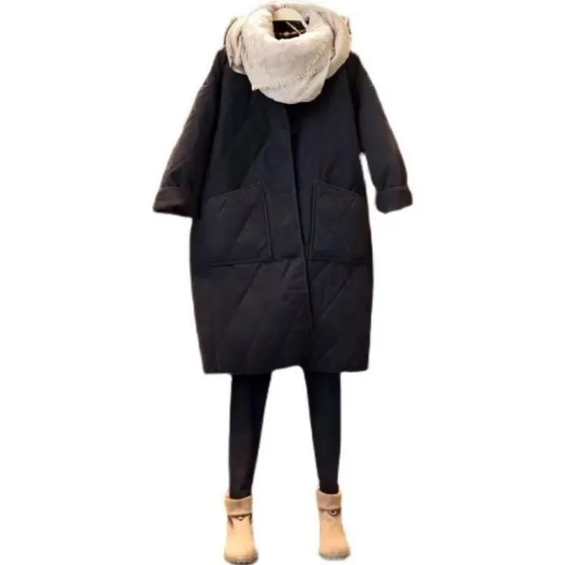 2023 New Women Cotton Coat Winter Jacket Female Mid-length Thicken Warm  Parkas Leisure Loose Outwear Rhombic Lattice Overcoat