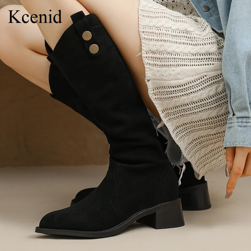 Kcenid Women's Boots Trend 2023 High Quality Sueded Comfortable Heeled Zipper Boots Vintage Knee-High College Style Shoes Woman