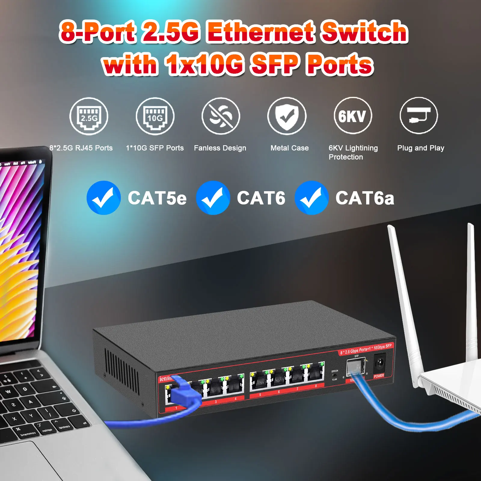 Interruptor de Rede Ethernet 2.5g Portas 2500mbps Rj45 10g Sfp Cubo Home do Laboratório Divisor do Internet Plug And Play - Imagem 5