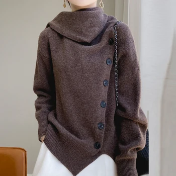 2023 Autumn/Winter New Women’s 100% Wool Cashmere Sweater Scarf Tie Button Pullover Loose Korean Fashion Knitted Women’s Top