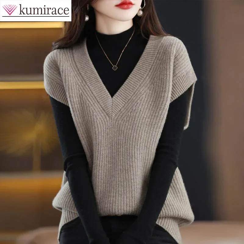 Jinghuiyue Chaleco Tipo Suéter Con Cuello En V Para Mujer, Cárdigan Sin Mangas De Moda, Color Sólido, Con Botones, De Punto, Camello