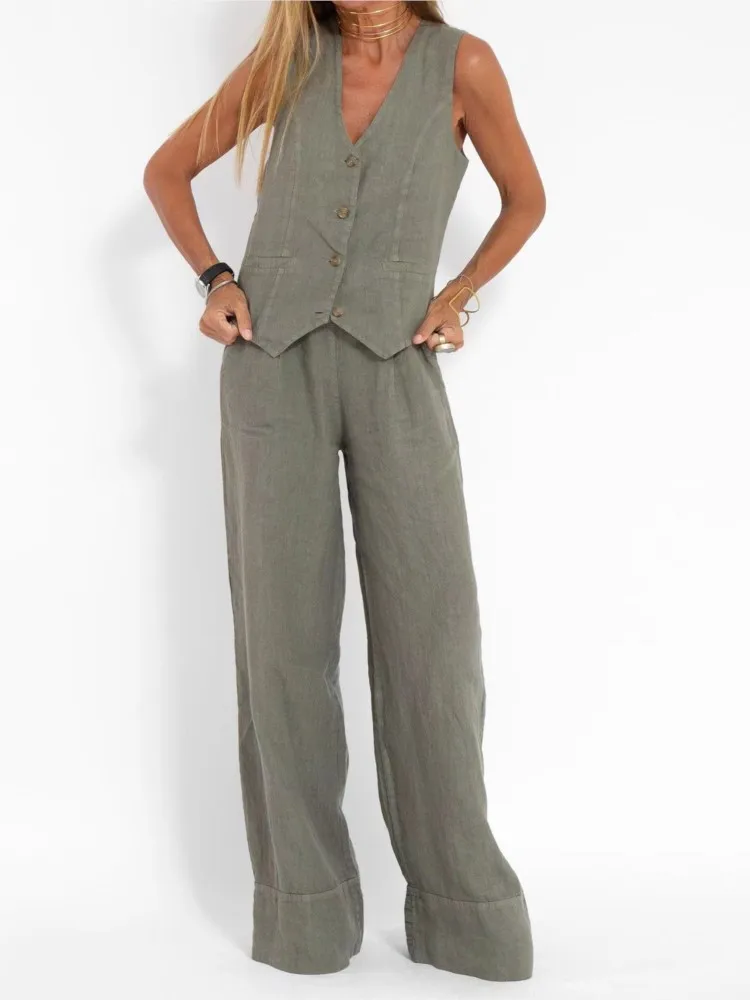 Women's Fashion Elegant V-neck Sleeveless Suit Summer Casual Top & Wide Leg Pants Set Office Holiday Black White New Sets 2024