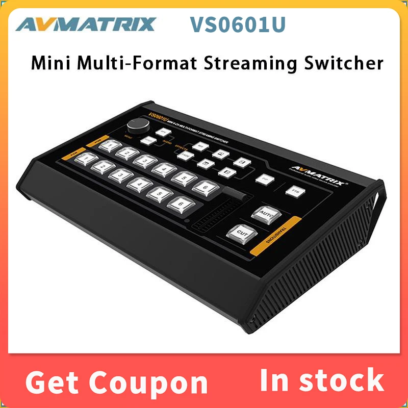 

AVMATRIX VS0601U Mini Multi-Format Streaming Video Switcher with 6CH 2×HDMI 4×SDI Inputs USB Type-C Output and GPIO Interface