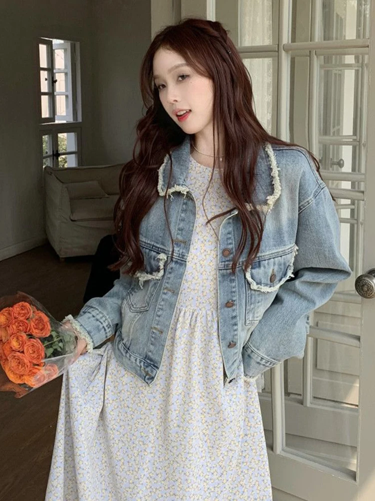 

Женская джинсовая куртка в стиле ретро, Повседневная Свободная Милая джинсовая куртка в стиле Харадзюку, корейский винтажный Топ на пуговицах с длинным рукавом