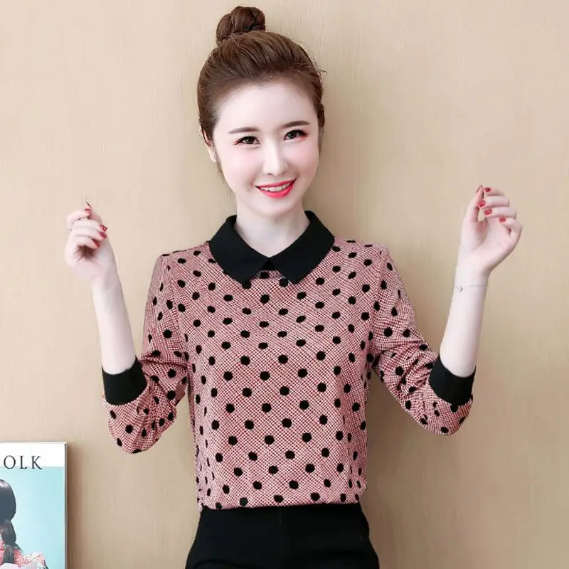 

2023 New Spring and Autumn Wear Long Sleeve Chiffon Bottom Shirt Women's Fashion Elegant Versatile Comfortable Polka Dot Top