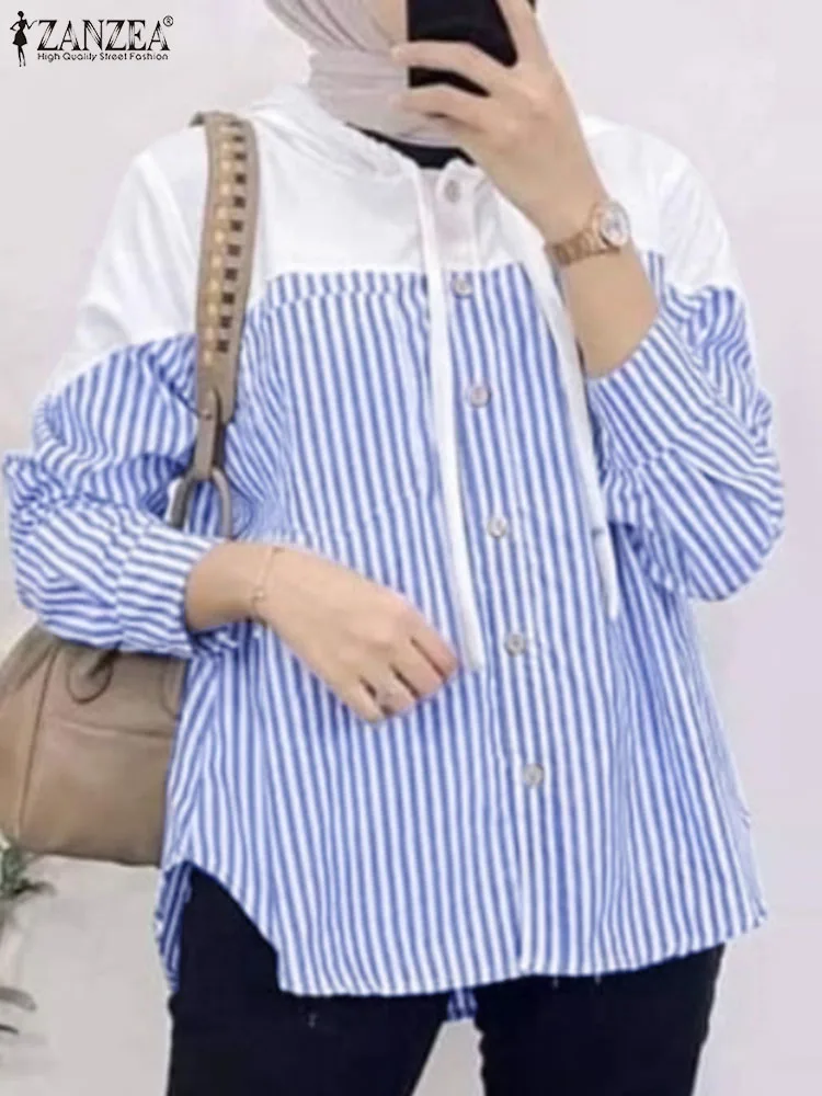 

Женская рубашка на пуговицах с длинным рукавом ZANZEA, модная мусульманский топ-осенняя кофта в полоску, Повседневная Лоскутная блуза