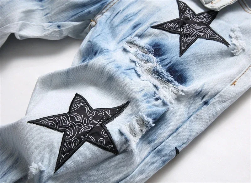 Men's Jeans Ripped Embroidered Letter Star Fashion Elastic Slim Fit Feet Brand Street Motorcycle Pant Mens Jean men jeans ripped jeans ripped patchwork jeans