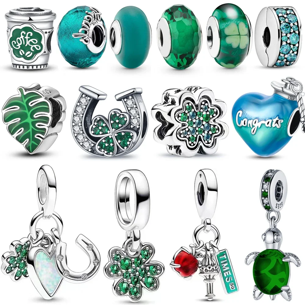 Spring Series Green Pavé Crystal Four-leaf Clover Beads Flowers Pendant Jewel Clip Fit Pandora Bracelet S925 Silver Jewelry Gift