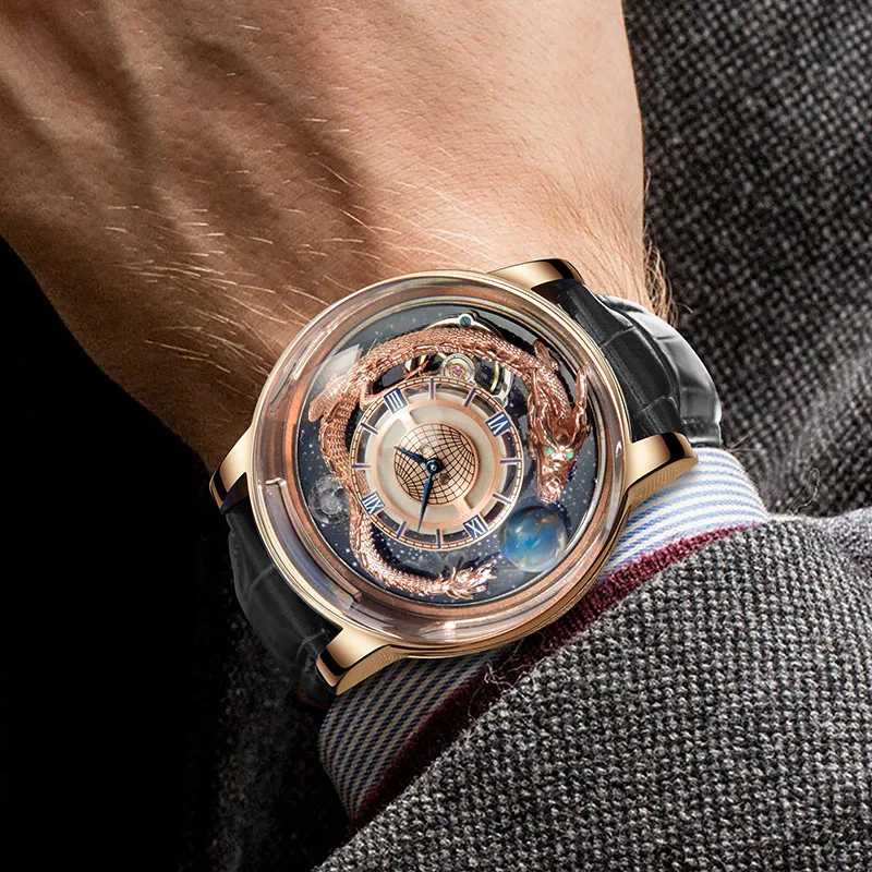 Relogio PINDU Watches Celestial Watch Men Ransparent Back Cover Design Rose Gold Quartz Leather Watch  Art Hand Engraved Dragon