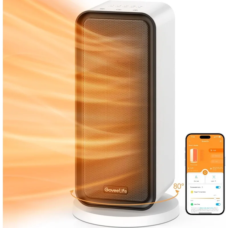 

Space Heater, 1500W Fast Portable Heating for Indoor Use, 80°Oscillating, Smart Ceramic Heater with Thermostat, 24H Timer