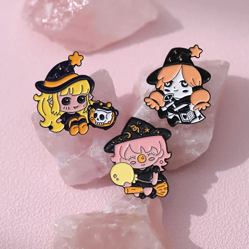 Cute Magic Girl Witch Skeleton Enamel Pin Cartoon Punk Brooch