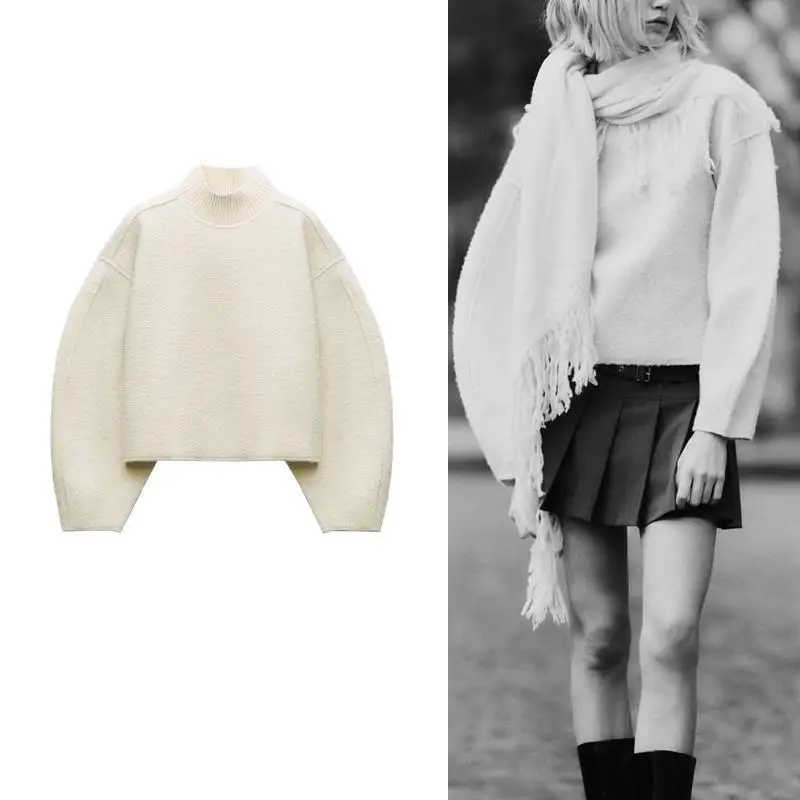 

New women's loose standing collar casual fluffy long sleeved top