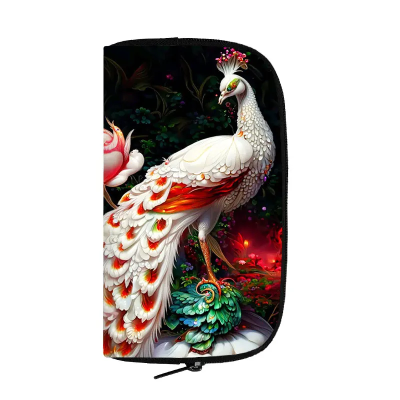thumbnail image 4 of Cartera con estampado de flores de pavo real de fantasía para mujer, monedero con patrón de animales, tarjetero, monedero, billetera larga informal, regalo, 4 of 5