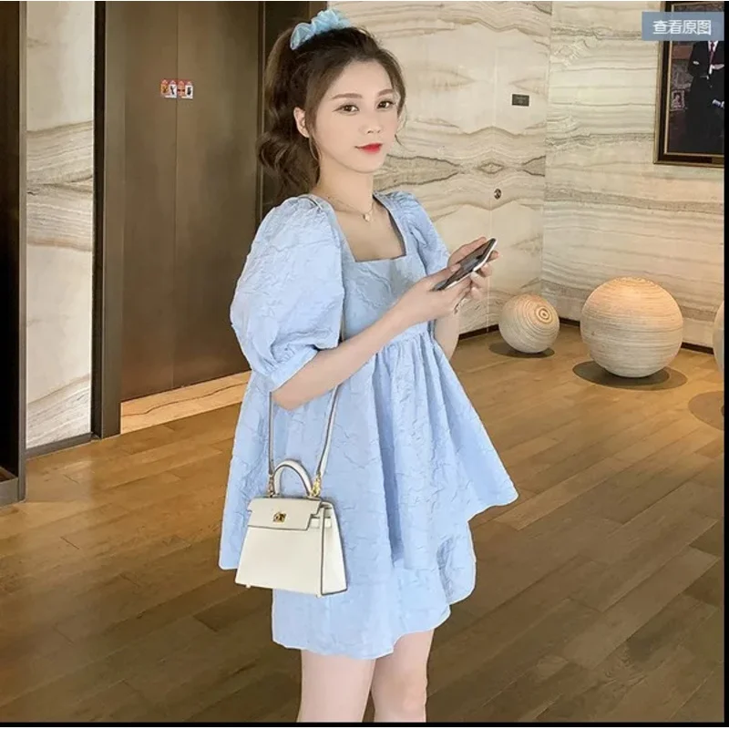 Pregnant Woman Clothes Set Solid Color Puff Sleeve Square Collar Shirts Belly Shorts Twinset Maternity Fashion Loose Suit