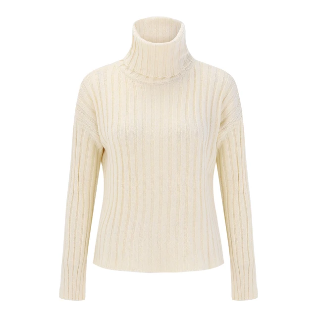 Women's Ribbed Turtleneck Sweater Long Sleeve Knitted Solid Pullover white