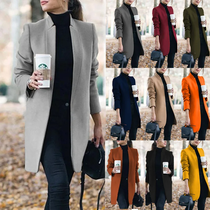 

2019 Autumn Winter New Arrivals Women's Fashion Solid Color Stand Collar Woolen Coat Casual Daily Commuter's All-Matching Minor