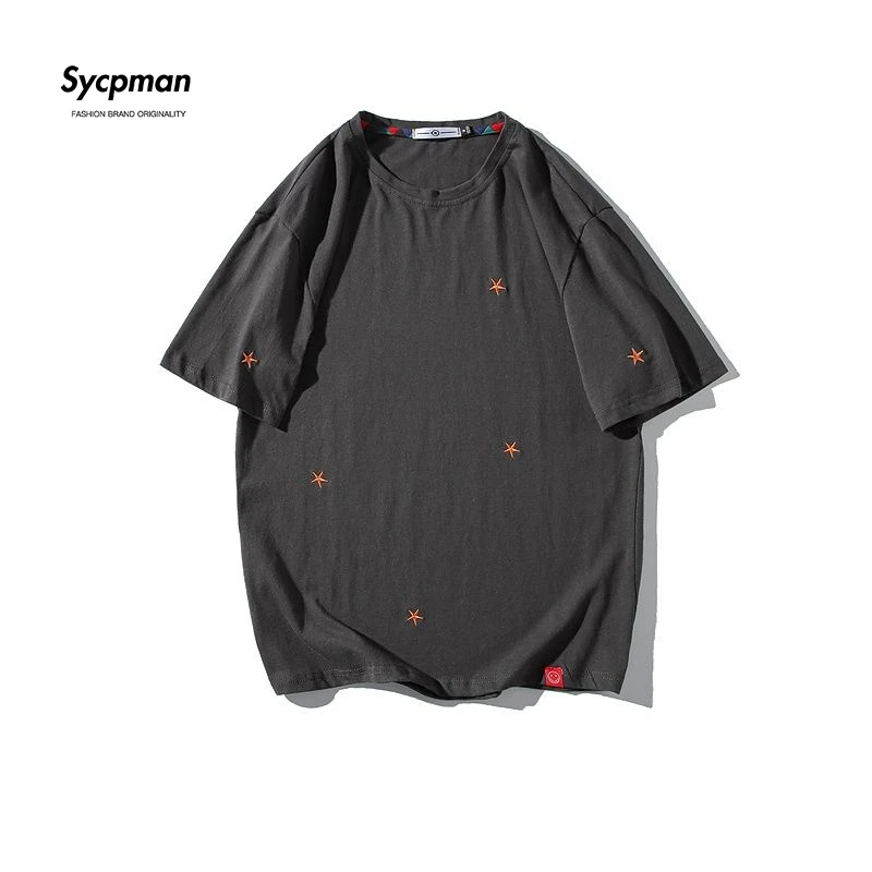 

Sycpman Simple Embroidery Round Neck Short Sleeve T Shirt Men Fashion Loose Casual Tees for Summer