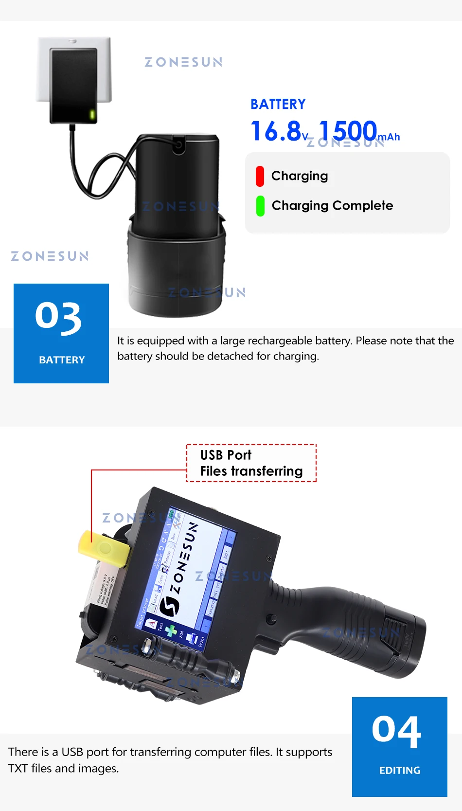 ZONESUN Handheld Portable 5cm QR Barcode Multilingual Inkjet Printing Machine ZS-HIP508