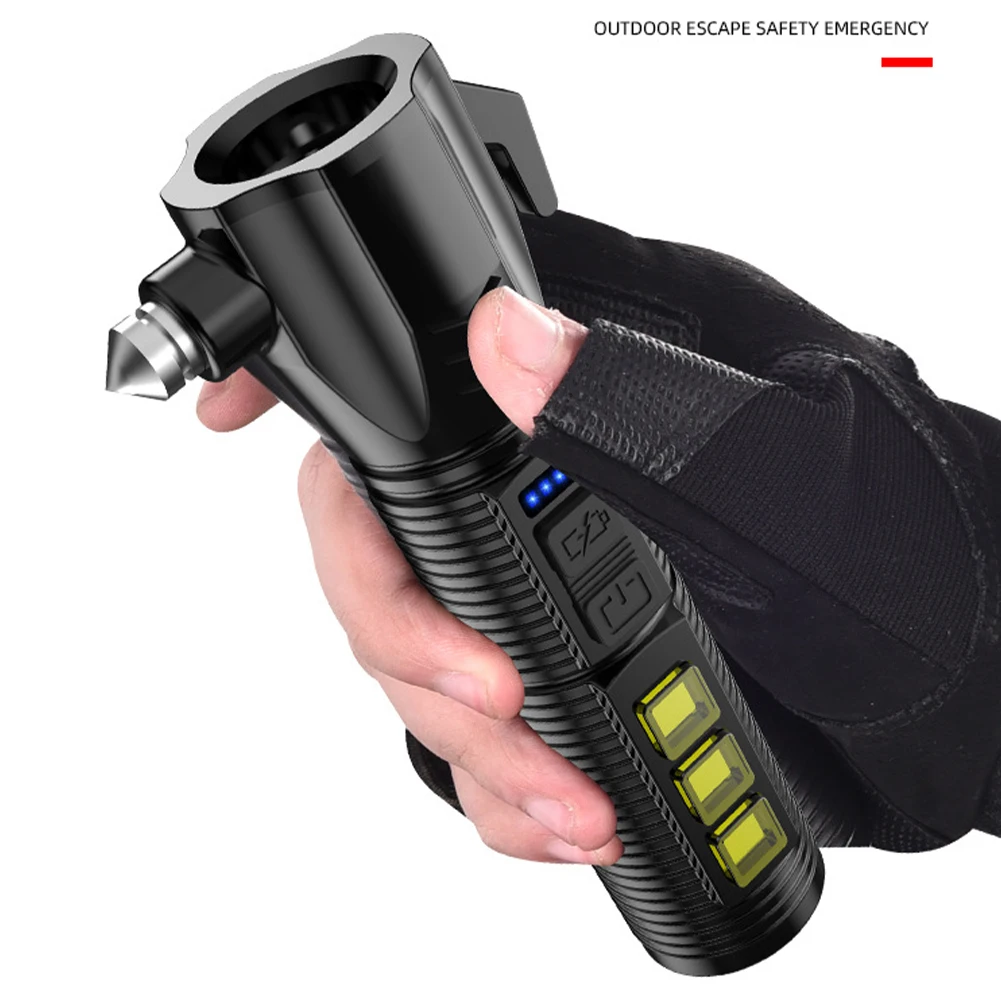

LED Flashlight Multi-functional Safety Hammer Flashlight USB Charging Portable Strong Light Torch For Camping Hiking Fishing