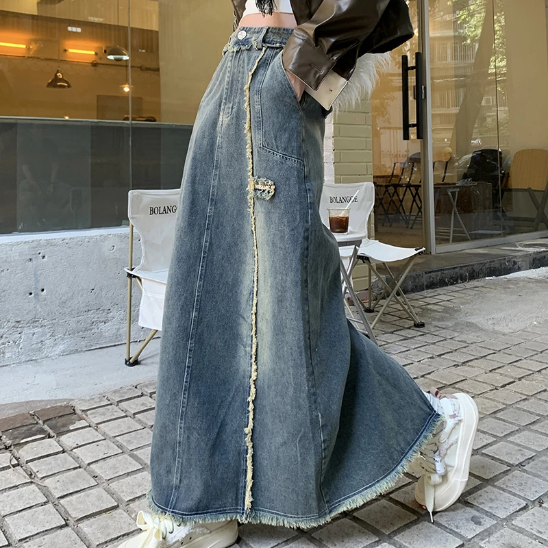 

Autumn winter 2022 new rough edging a word splicing denim skirt women retro Korean fashionable long high waist skirt